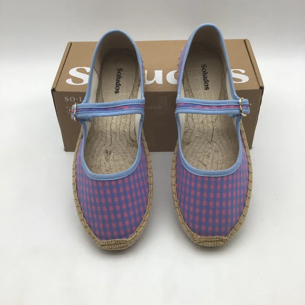 Soludos The Mary Jane Espadrilles Blue Pink Gingham Checkered Size 7 - 7.5 NEW